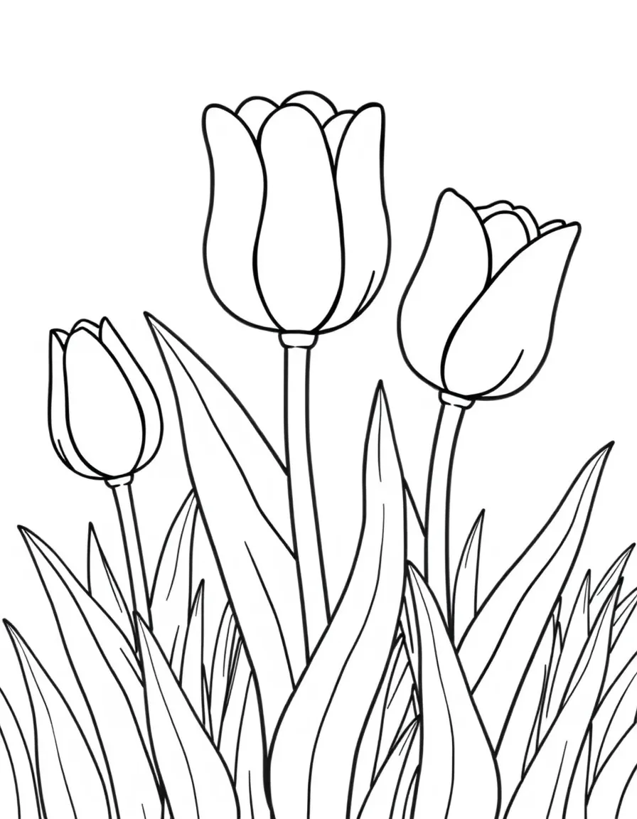 A meadow with three tulips in different colors, each with big leaves