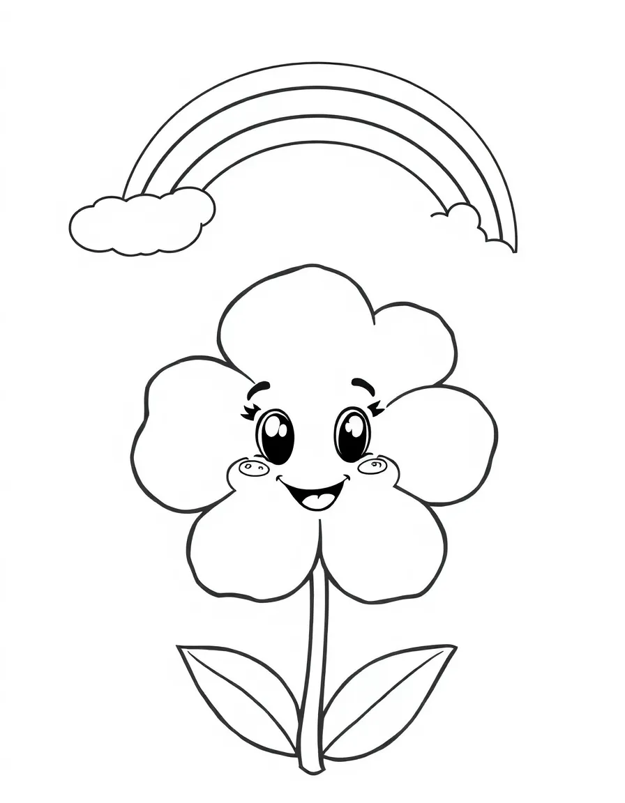 A happy blossom with cartoon eyes and a smile under a rainbow