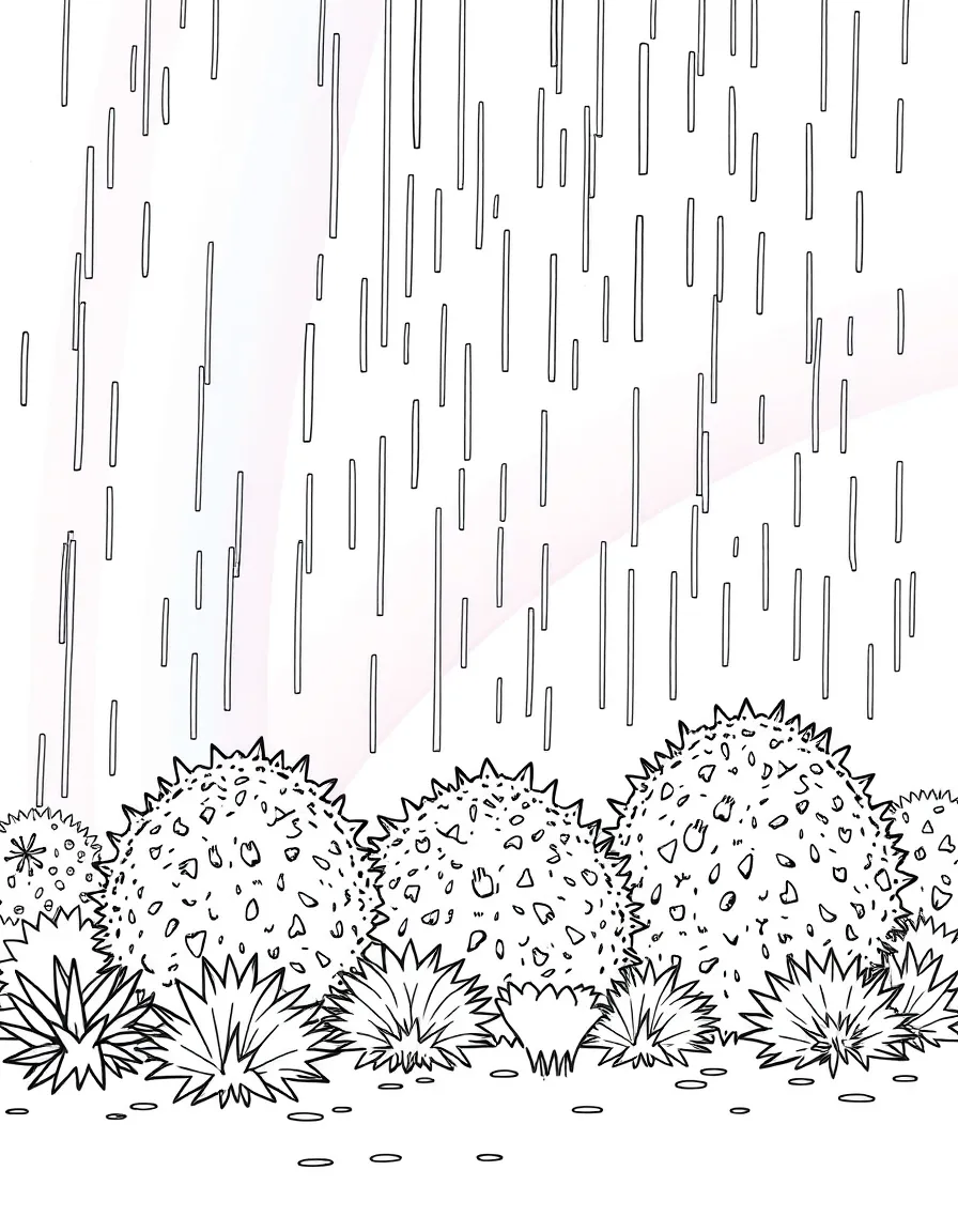 A scene of rain falling on a group of shrubs under a rainbow under a rainbow