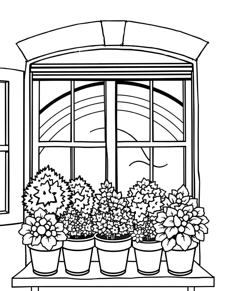 A row of potted houseshrubs on a windowsill under a rainbow