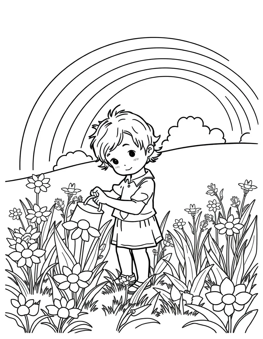 A child watering a sunblossom in the meadow under a rainbow
