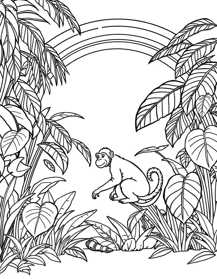 A jungle shrub with giant leaves and a monkey under a rainbow under a rainbow