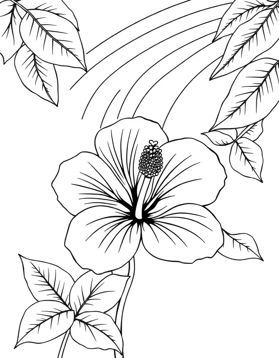 A tropical hibiscus blossom with large petals under a rainbow
