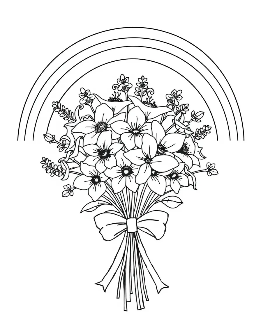 A bunch of wildblossoms tied with a bow under a rainbow