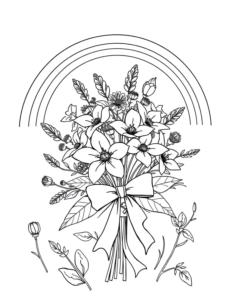 A bunch of wildblossoms tied with a bow under a rainbow