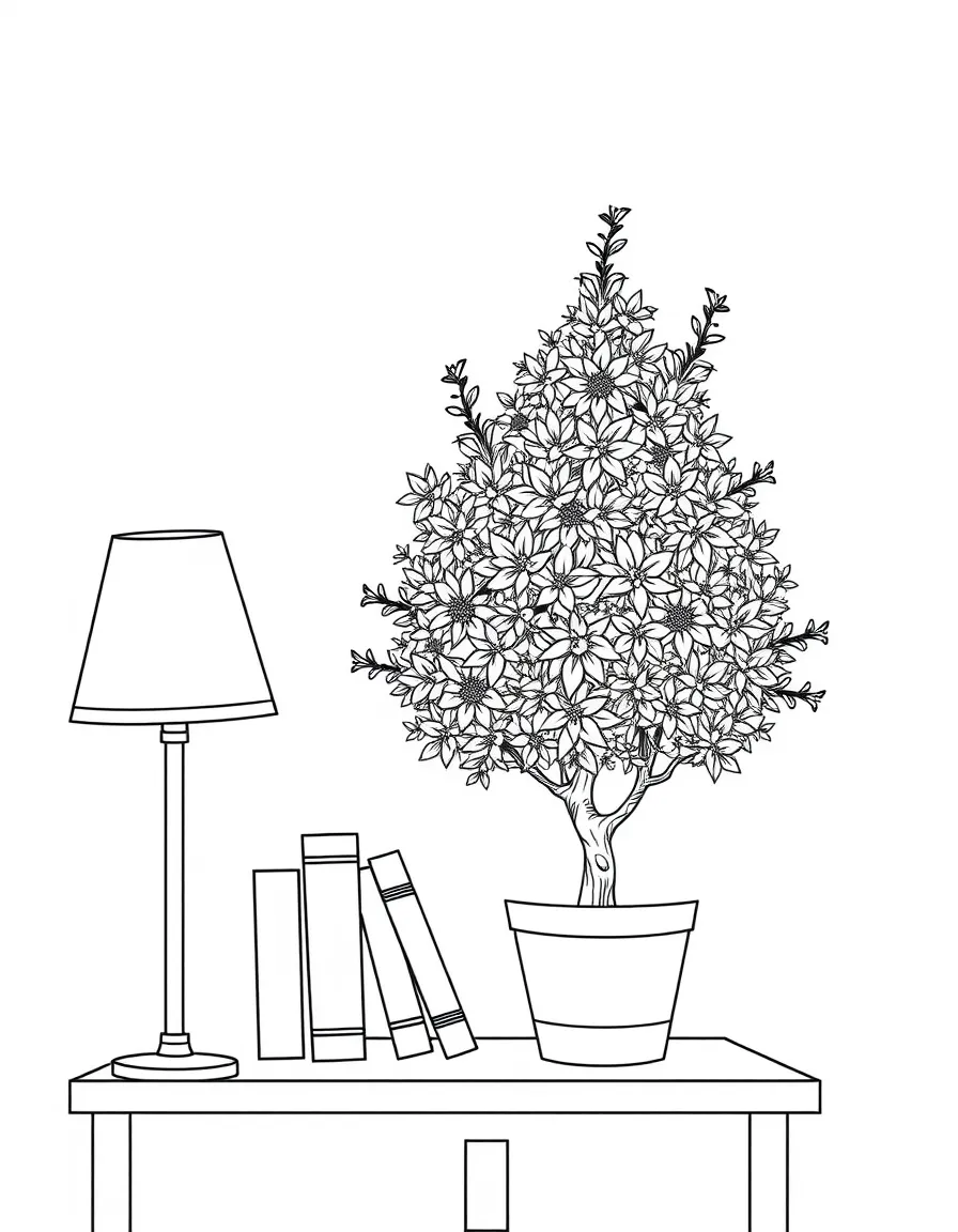 A shrub on a bookshelf next to a lamp
