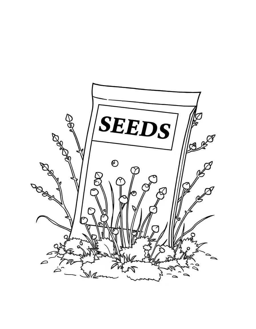A seed packet with shrubs growing around it
