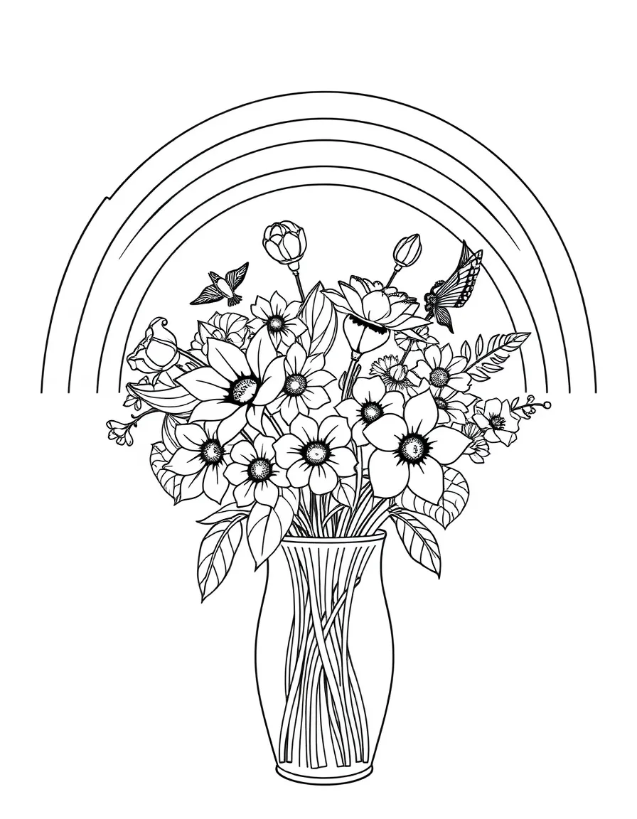 A bouquet in a vase with various blossoms under a rainbow