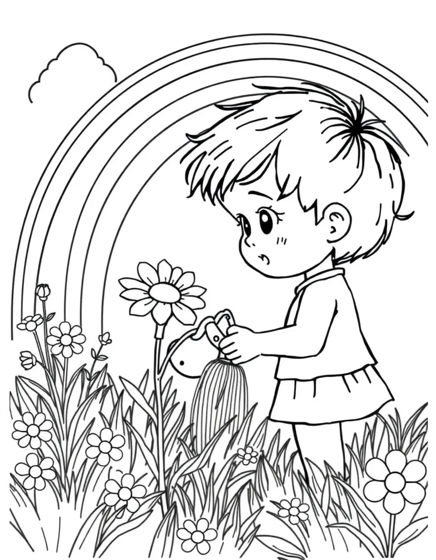 A child watering a sunblossom in the meadow under a rainbow