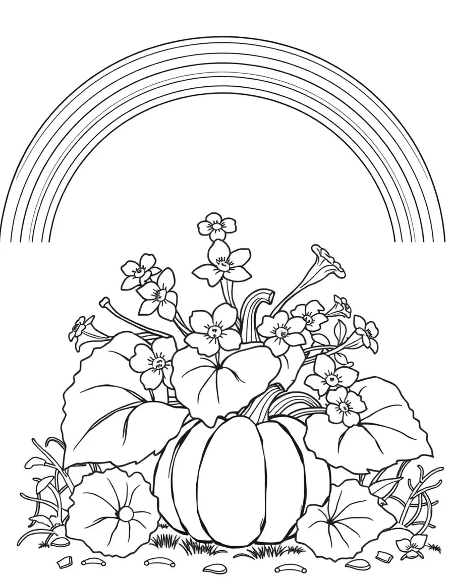 A pumpkin shrub with big leaves and blossoms under a rainbow under a rainbow