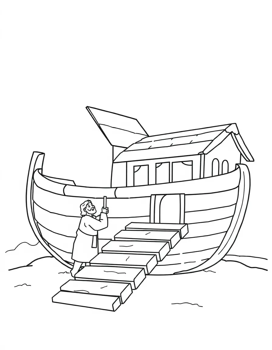 Noah building a big, strong ark with lots of wooden planks and a ramp.