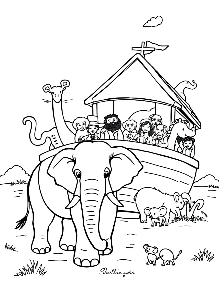Noah leading two by two of all the animals into the ark, including elephants and tiny mice.