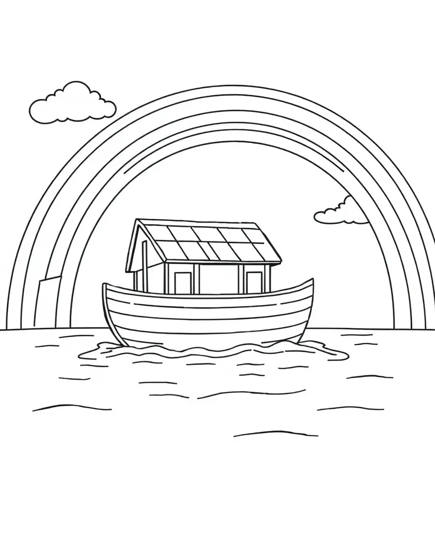 The ark floating on calm water with a colorful rainbow stretching across the sky.