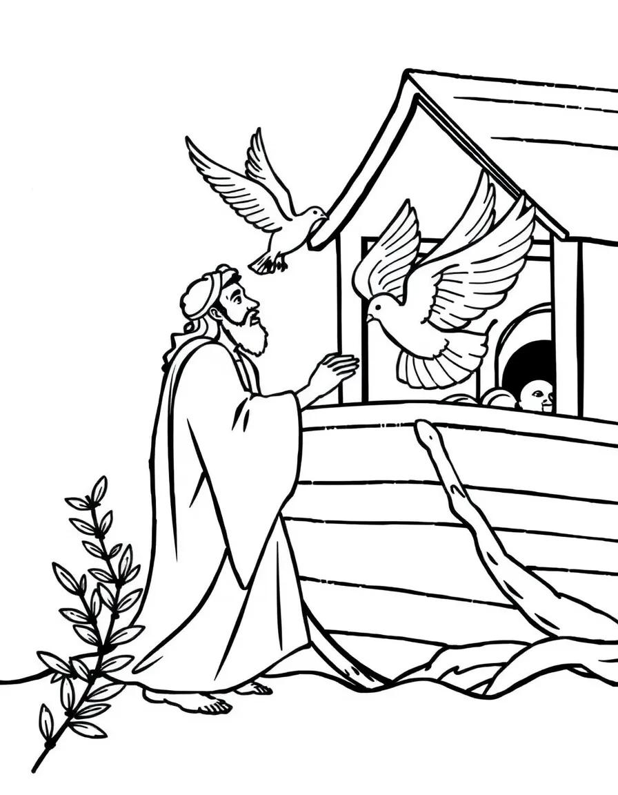 Noah releasing a dove from the ark, with the dove flying towards a green olive branch.