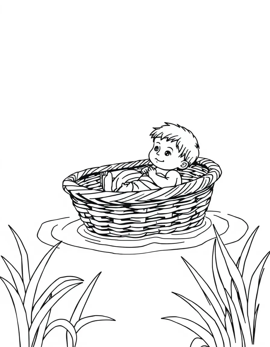 Baby Moses in a woven basket floating gently on the Nile River, surrounded by reeds.