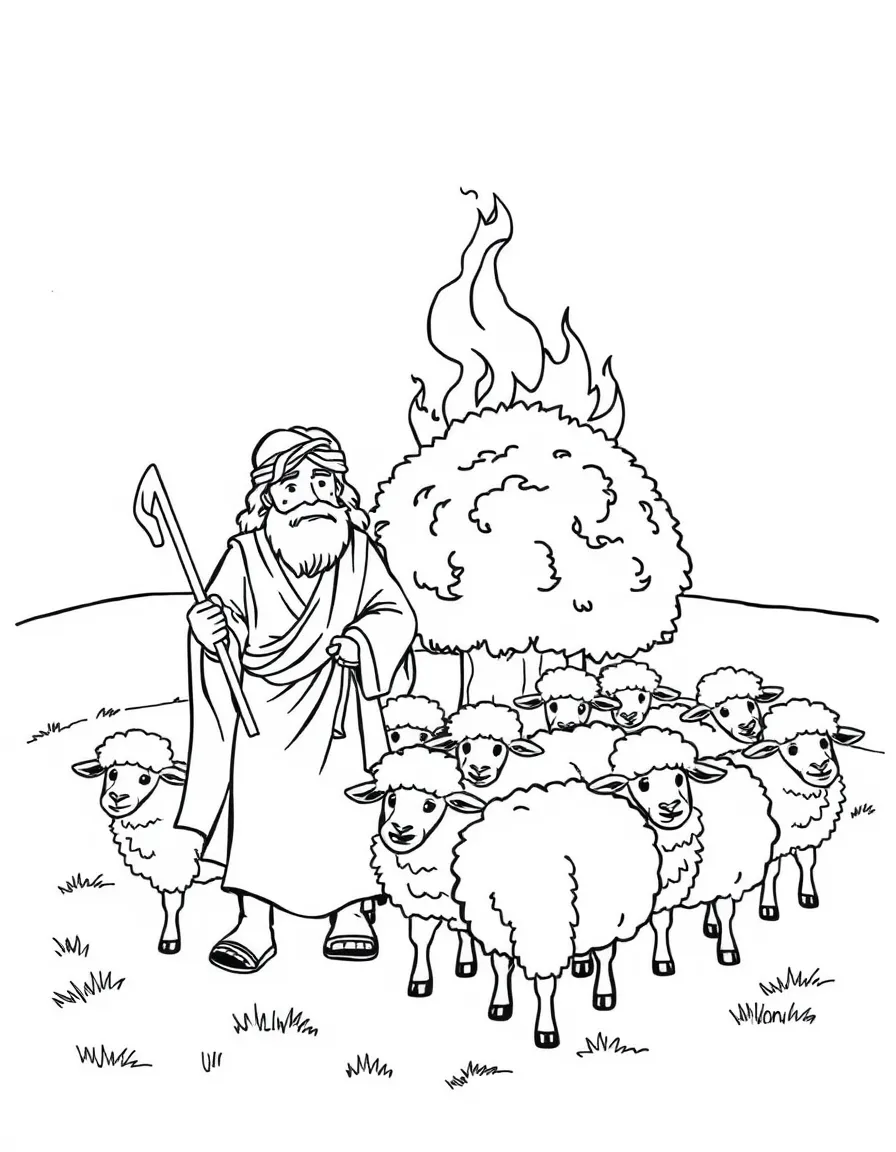 Moses as a shepherd, leading a flock of fluffy sheep near a burning bush that isn't burning up.