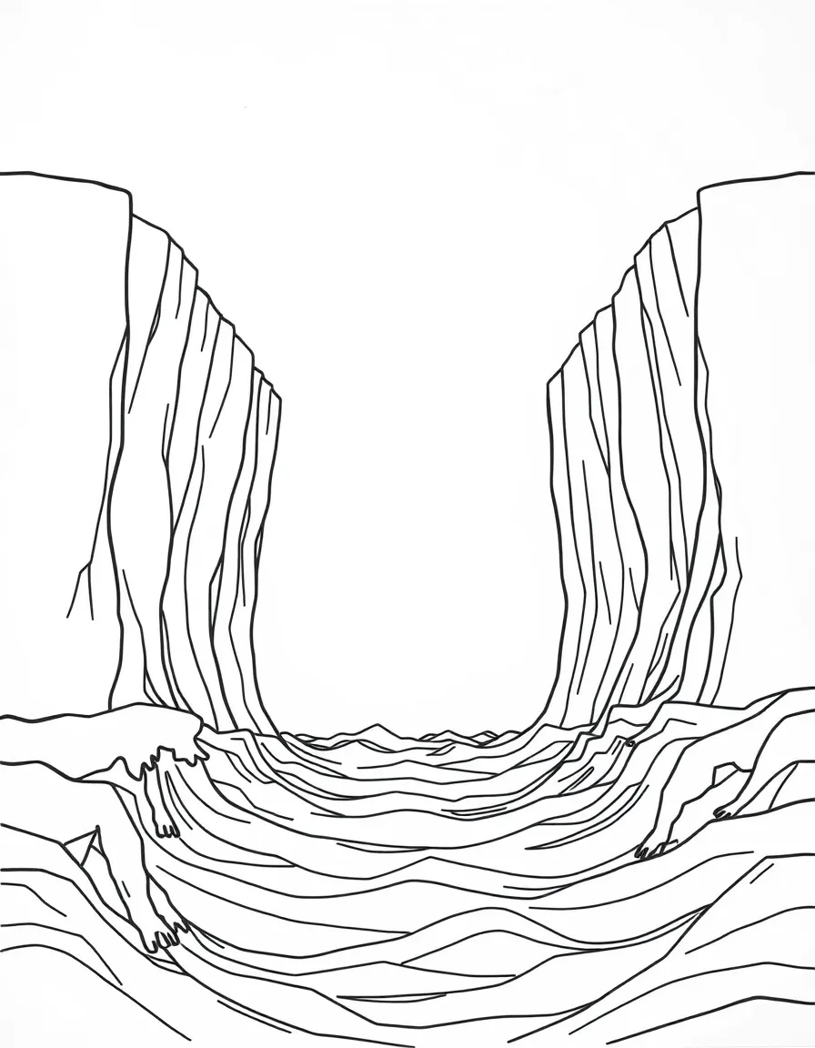 Moses parting the Red Sea, with the water standing up like tall blue walls on either side.