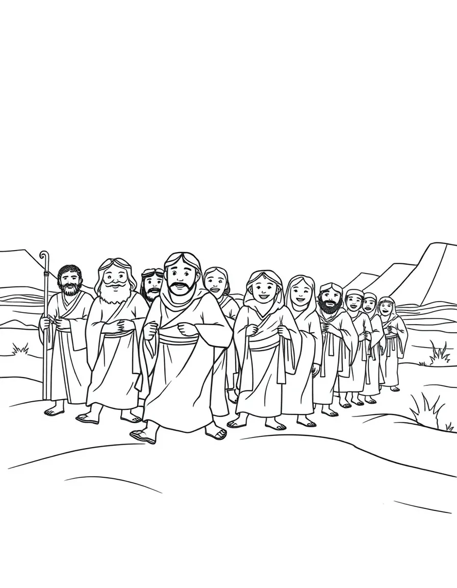 The Israelites walking safely across the dry land of the Red Sea, with happy faces.