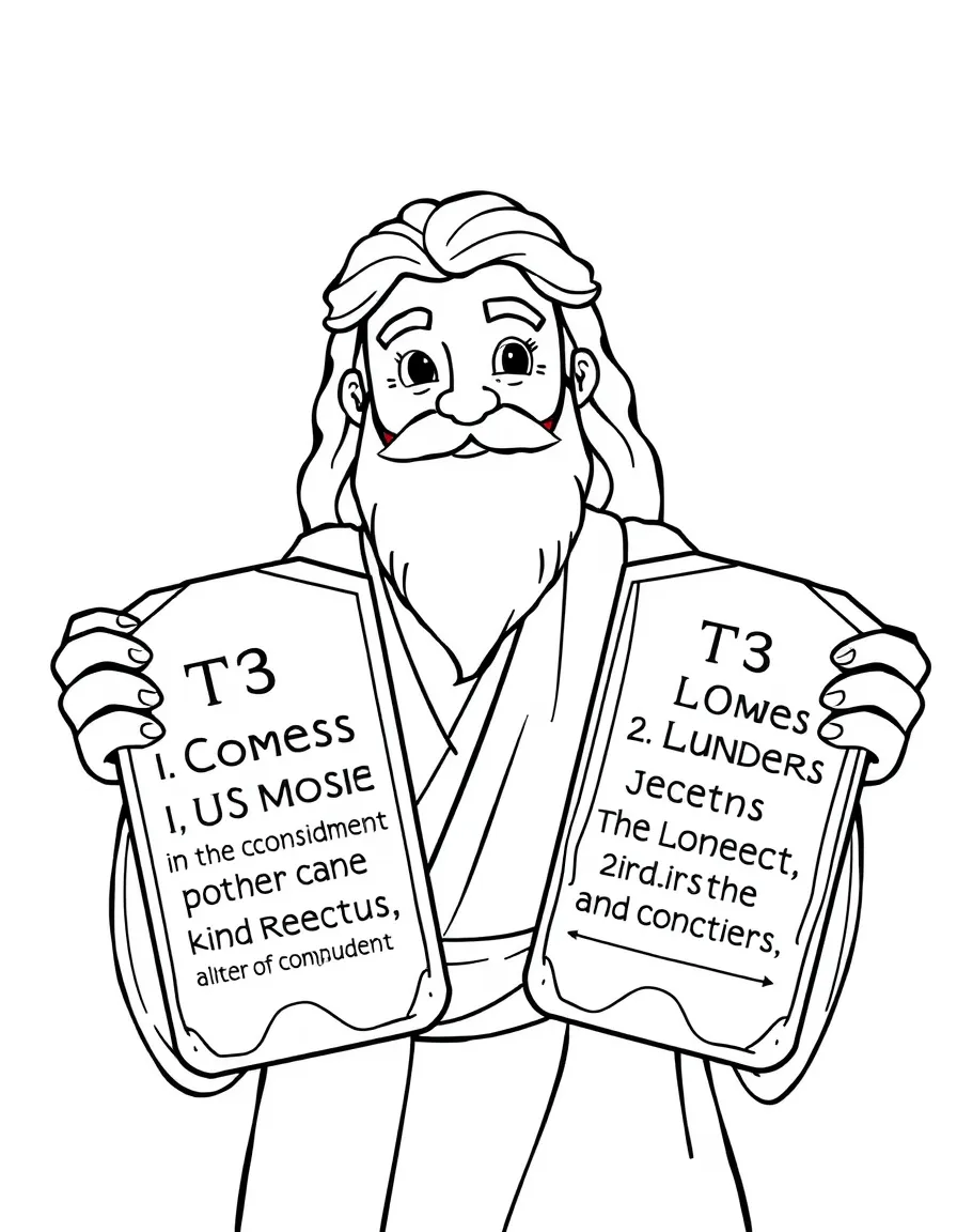 Moses holding two stone tablets with the Ten Commandments, looking wise and kind.