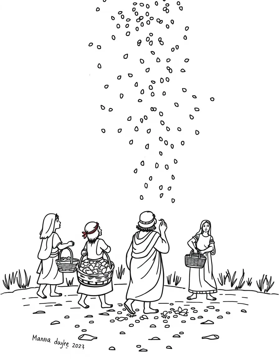Manna falling from the sky like little white flakes, and people collecting it in baskets.