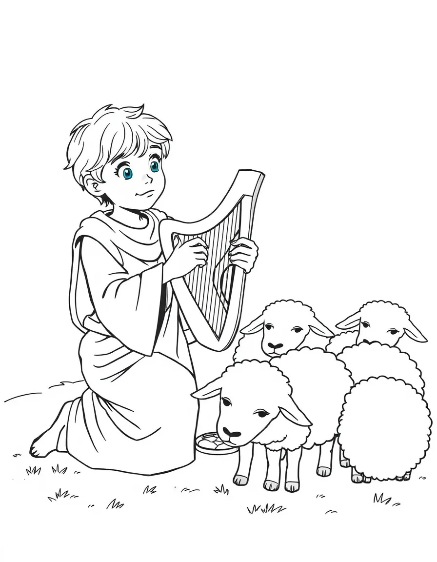 David as a young shepherd boy playing his harp for a group of sleepy sheep.