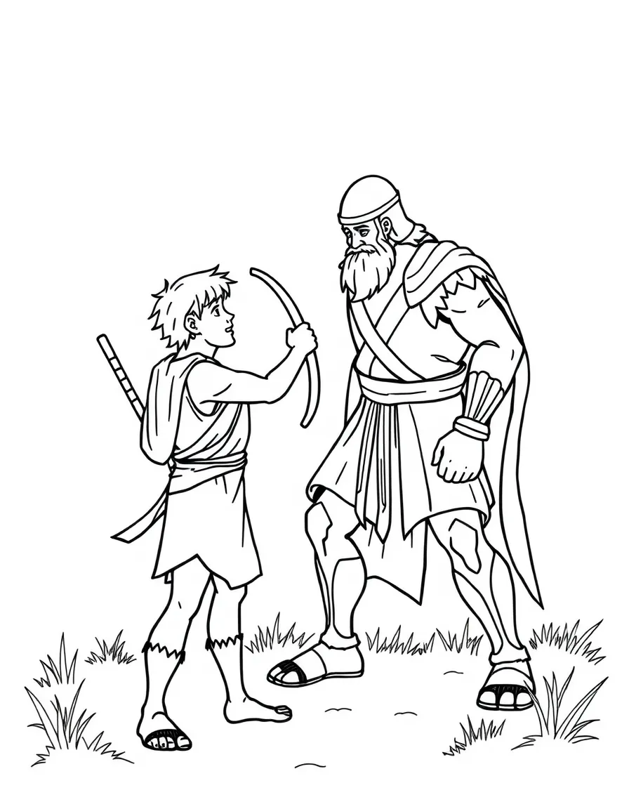 David bravely facing Goliath, who is a giant, with a slingshot in his hand.