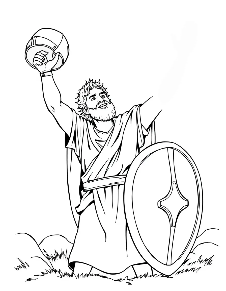 David celebrating after defeating Goliath, holding Goliath's helmet and shield.
