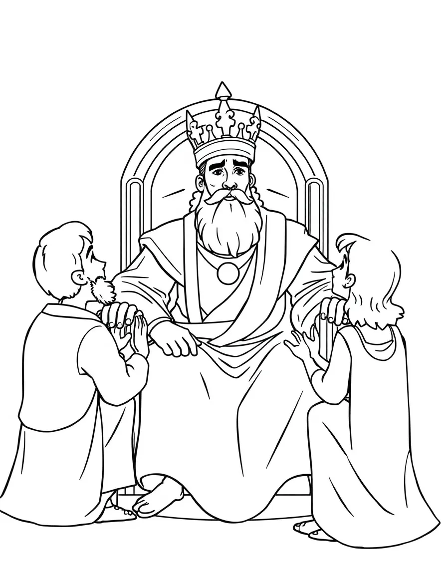 King Solomon on his throne, looking thoughtful and wise, with two people asking for advice.