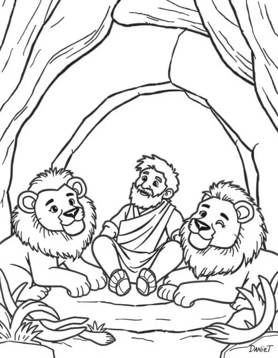 Daniel in the lion's den, with friendly-looking lions lying down around him.
