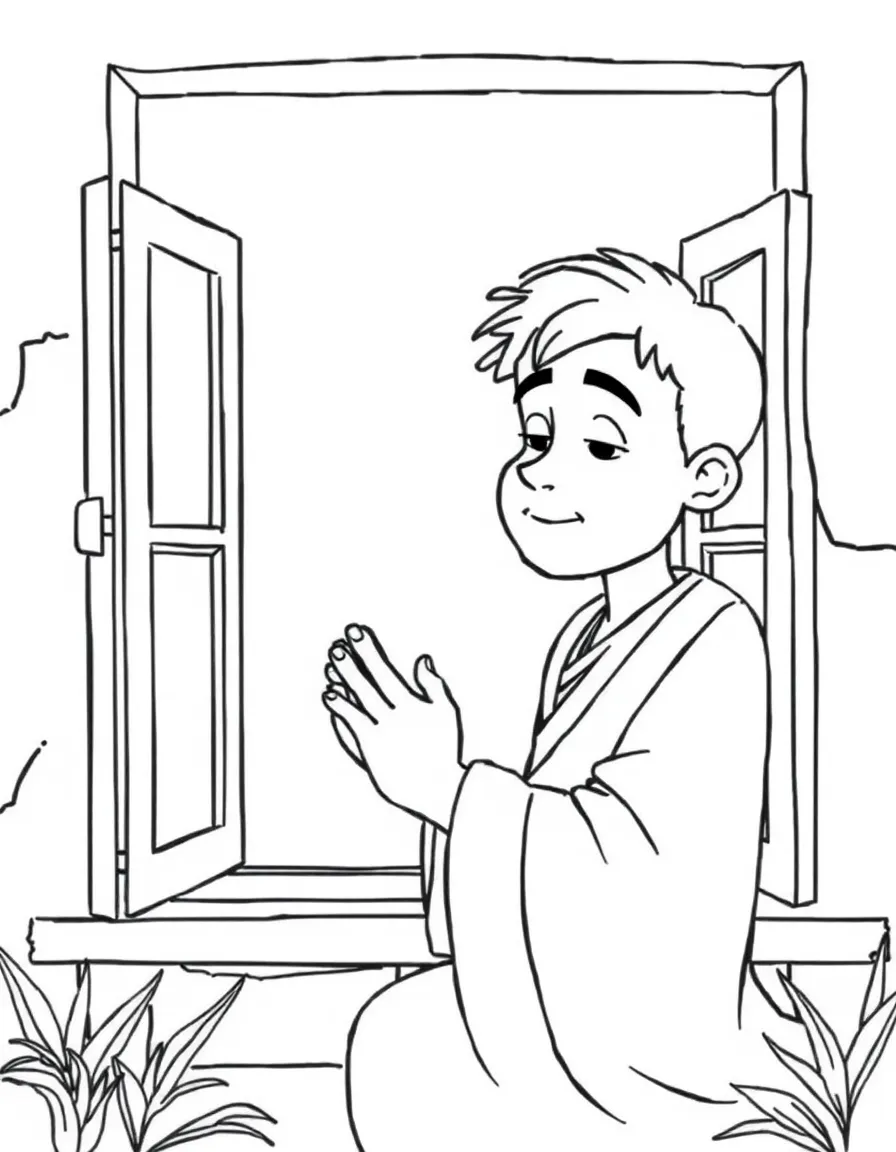 Daniel praying in front of an open window, with a calm expression.