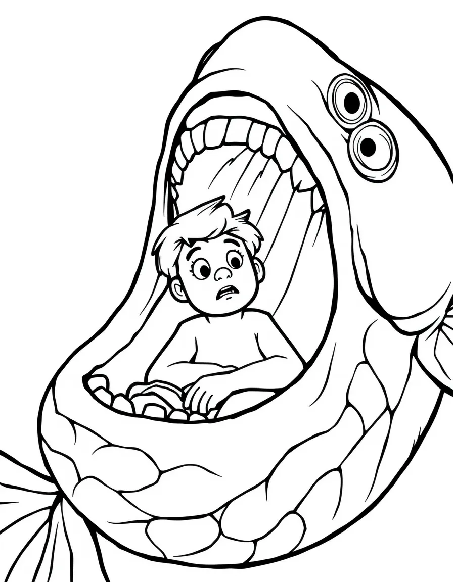 Jonah inside the belly of a big fish, looking surprised but safe.