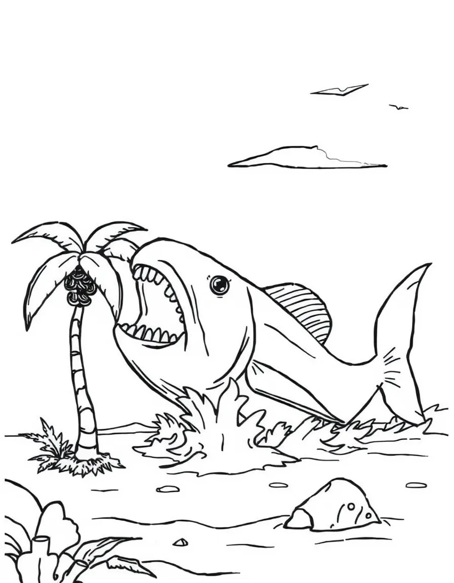 Jonah being spit out onto dry land by the fish, with a palm tree nearby.
