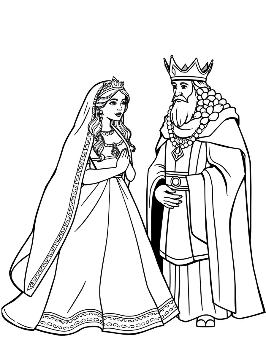 Queen Esther beautifully dressed, standing before King Ahasuerus.