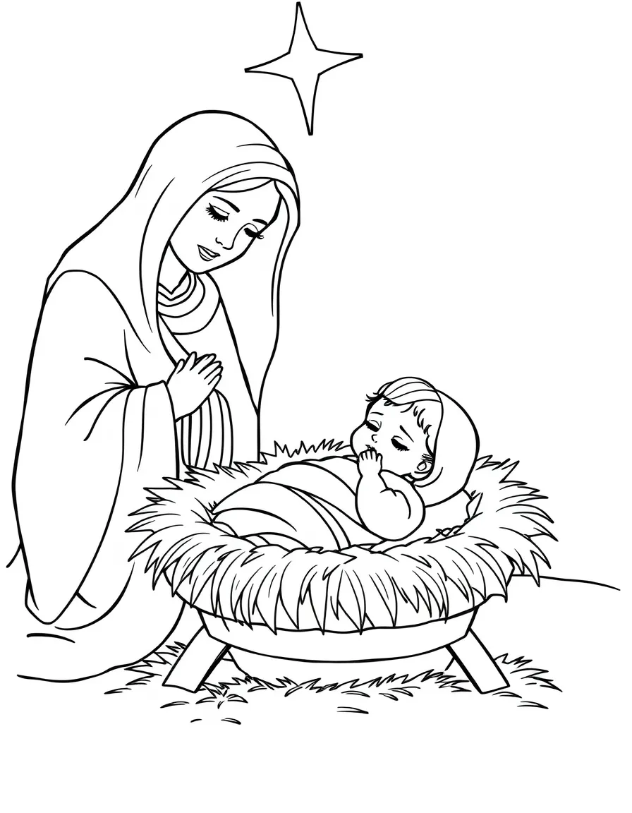 Baby Jesus in a manger, wrapped in swaddling clothes, with Mary and Joseph watching over him.