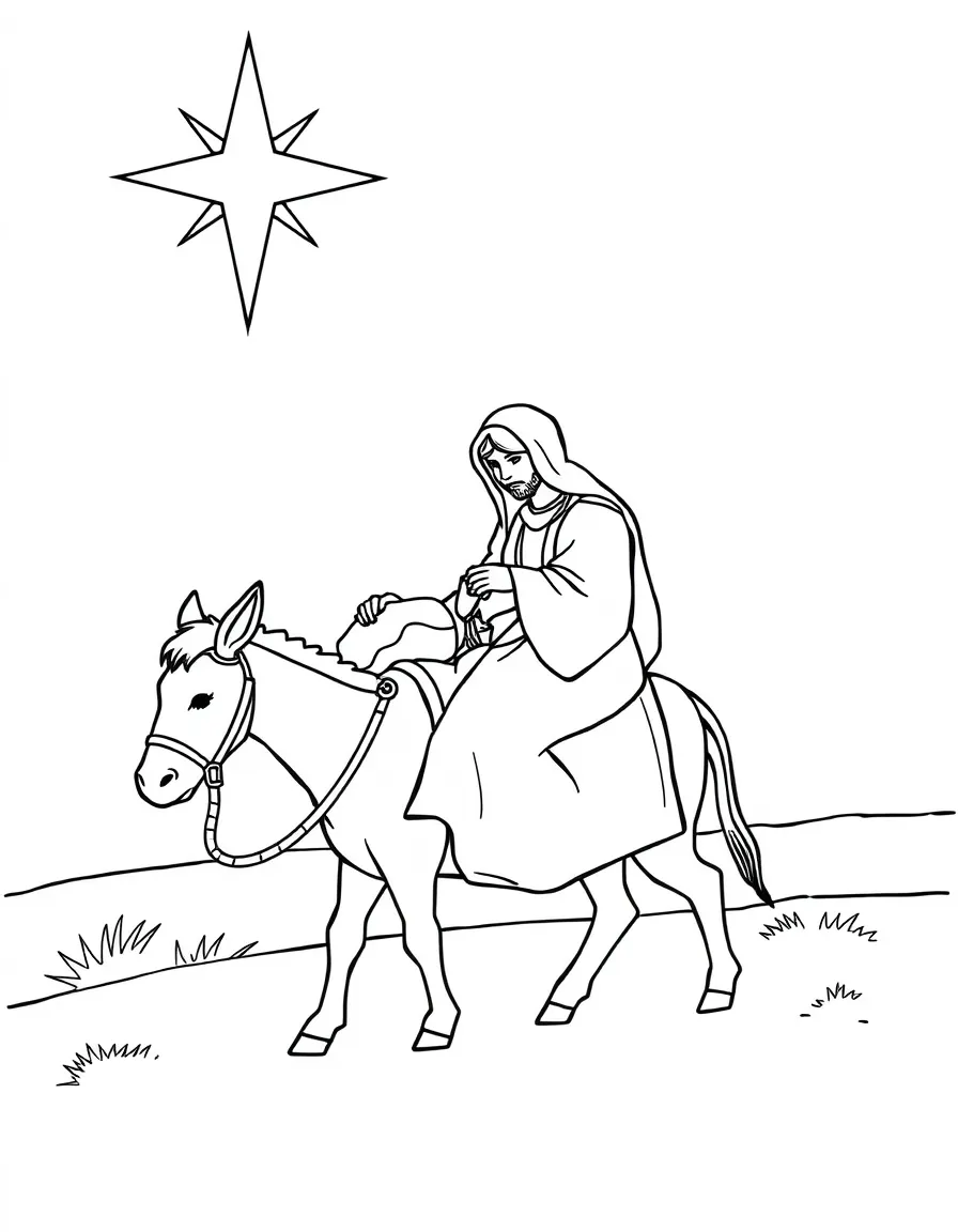 Mary and Joseph traveling on a donkey to Bethlehem, with a star shining bright.