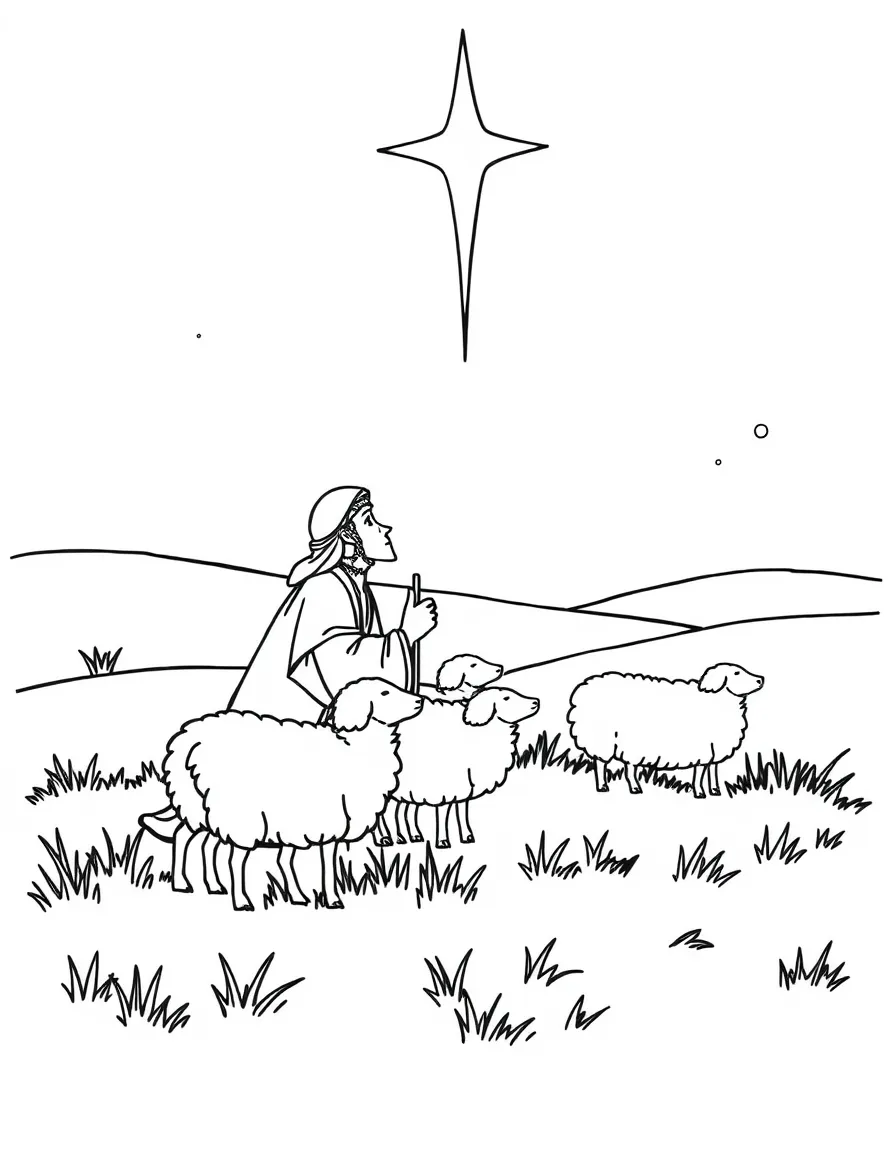 Shepherds with their sheep in a field, looking up at a bright star.