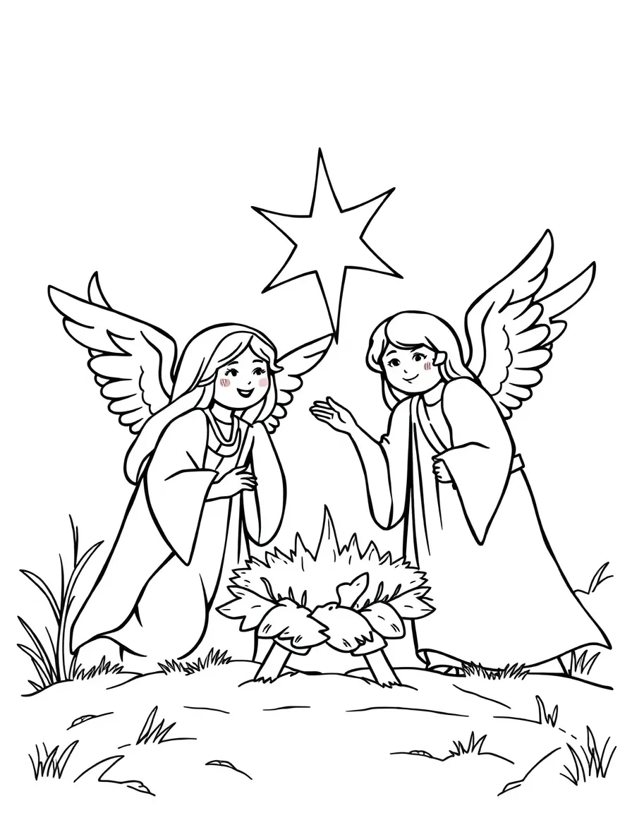 Angels appearing to the shepherds, with shining wings and joyful faces.