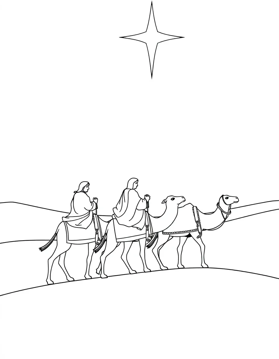 Three wise men riding camels, following a big, bright star across the desert.