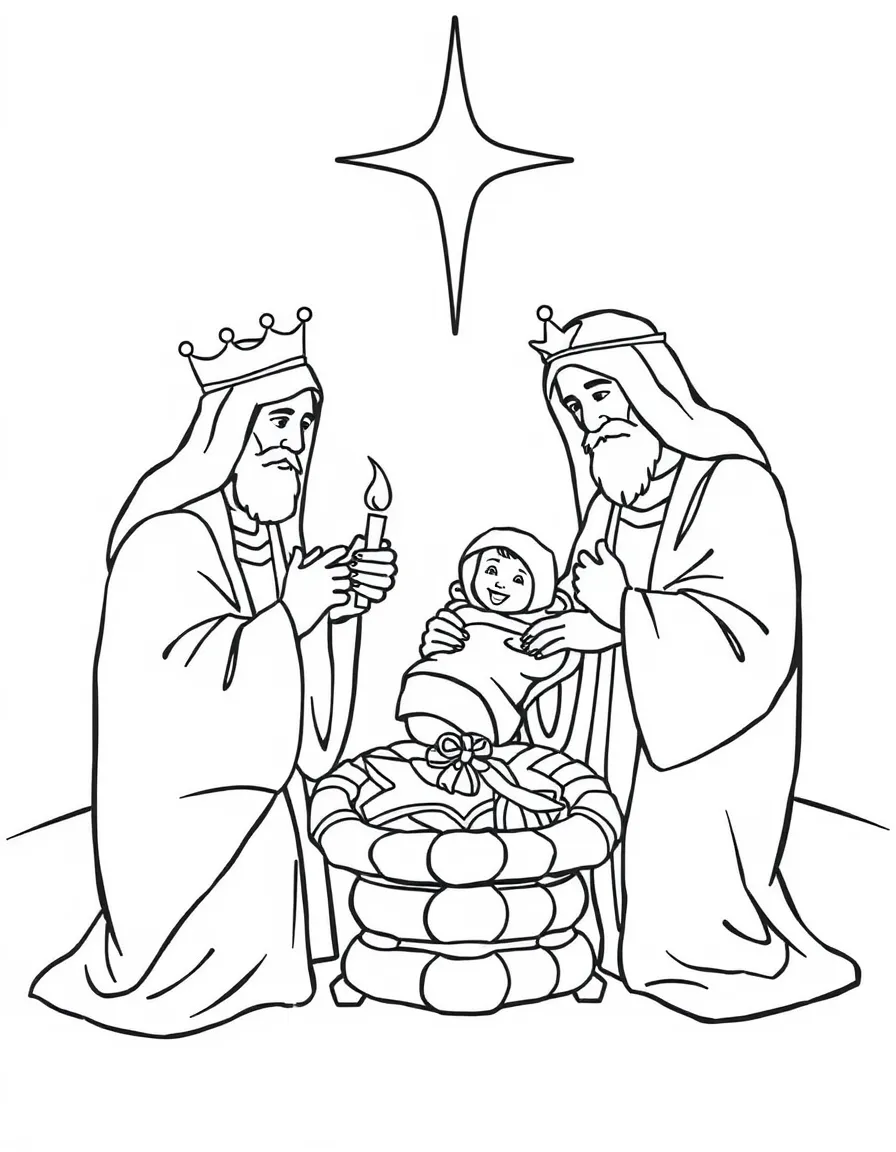 The wise men offering gifts of gold, frankincense, and myrrh to baby Jesus.