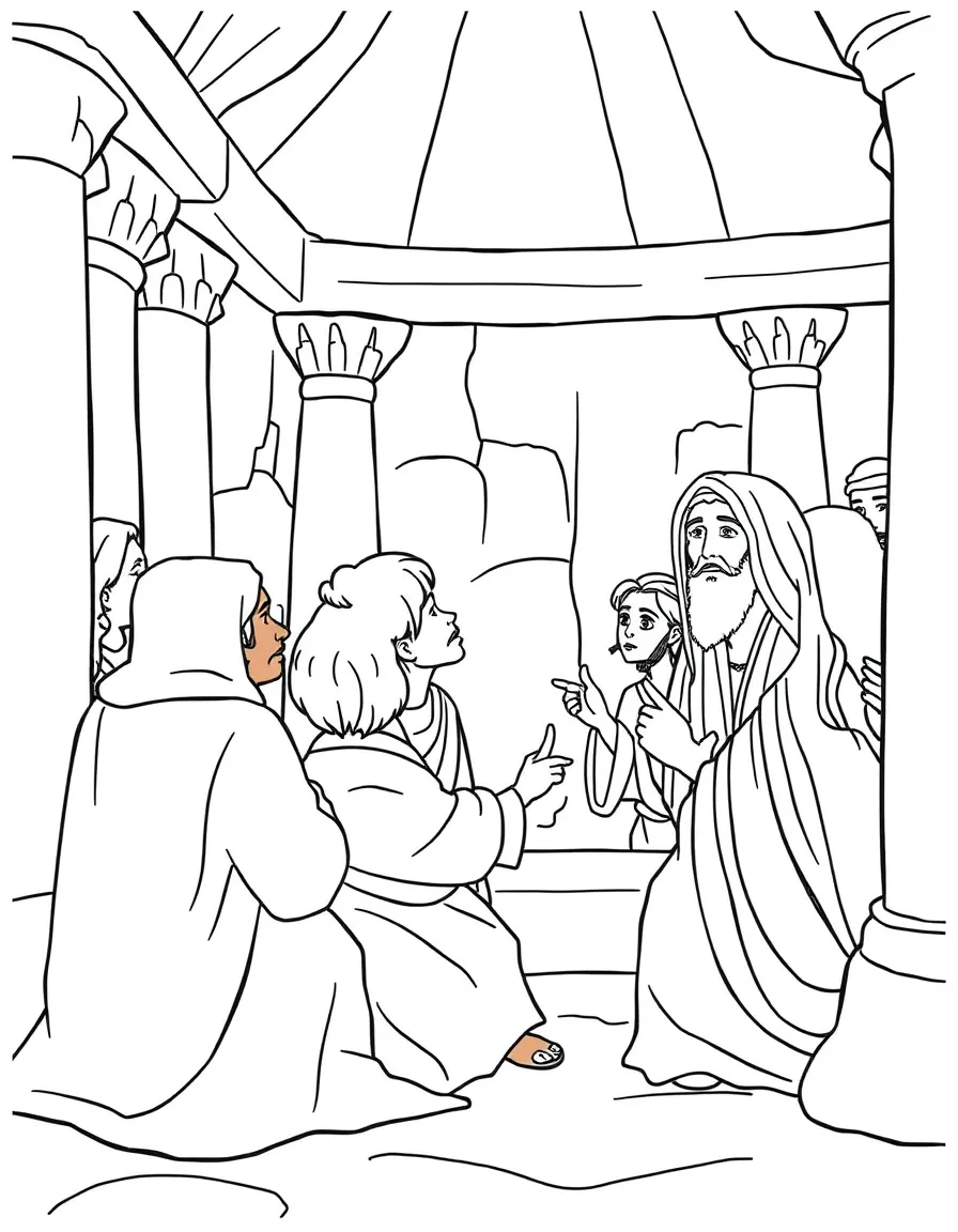 Young Jesus in the temple, listening to the teachers and asking questions.