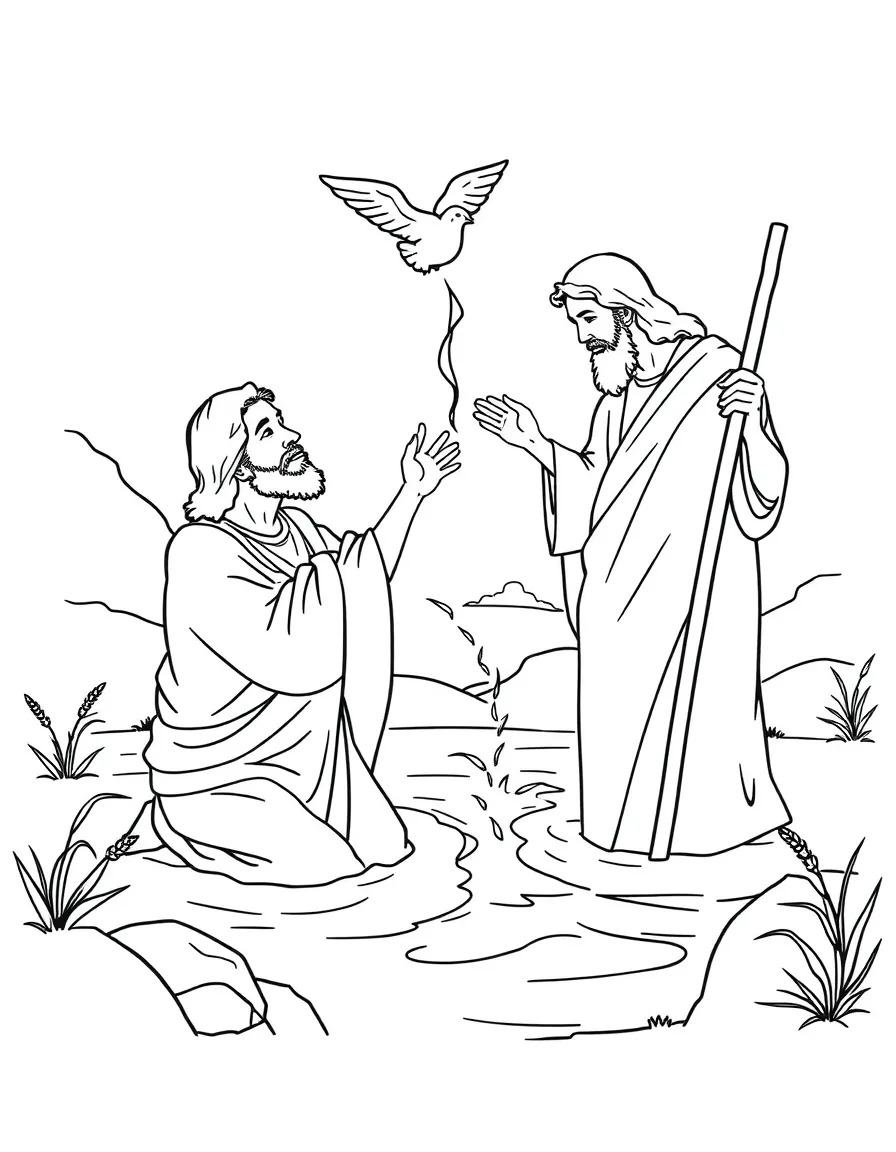 Jesus being baptized by John the Baptist in the Jordan River, with a dove flying down.