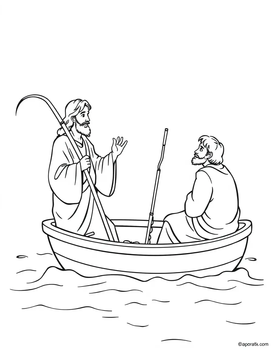 Jesus calling his first disciples, Peter and Andrew, who are fishing in a boat.