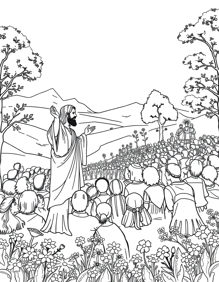 Jesus teaching a large crowd of people on a hillside, with flowers and trees.