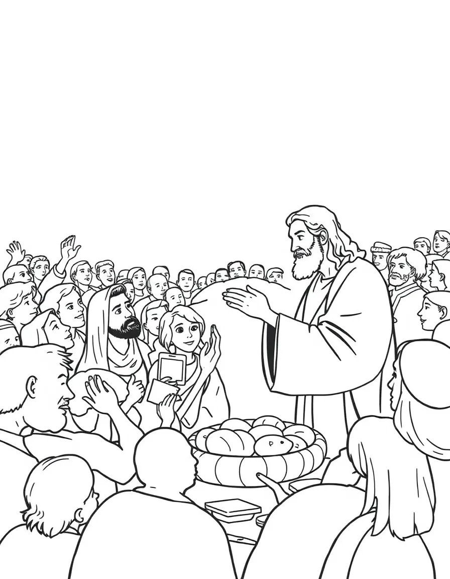Jesus feeding five thousand people with just a few loaves of bread and fish.