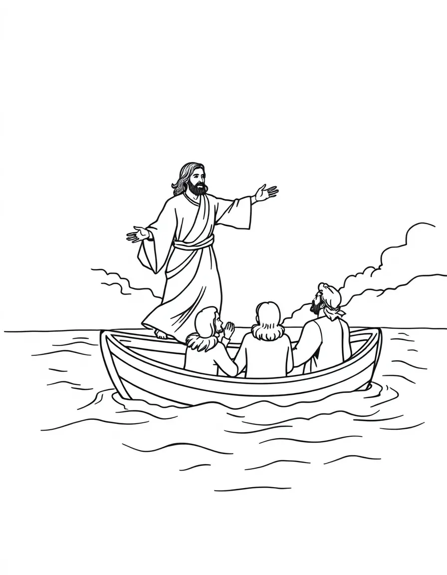 Jesus walking on water, with his disciples in a boat looking amazed.