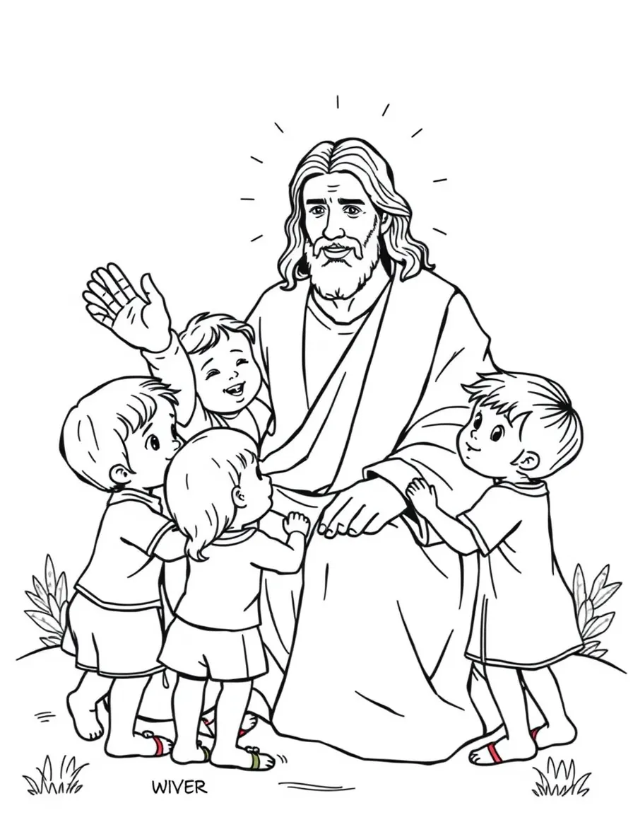 Jesus welcoming little children, with them sitting on his lap and around him.