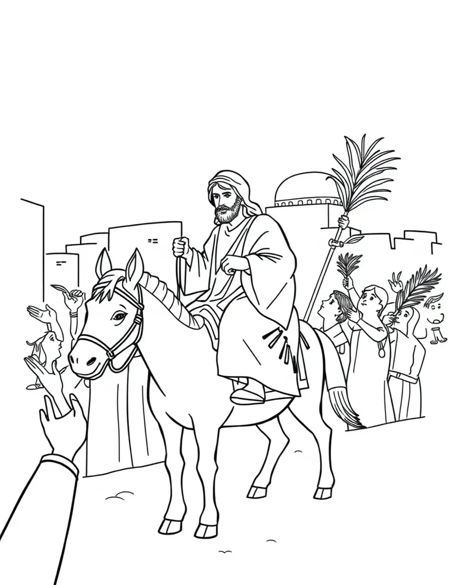 Jesus riding into Jerusalem on a donkey, with people waving palm branches.