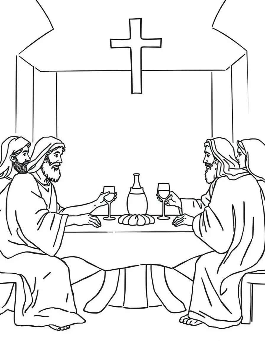 The Last Supper, with Jesus sharing bread and wine with his disciples around a table.