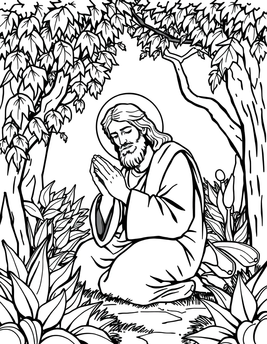 Jesus praying in the Garden of Gethsemane, with a calm expression.