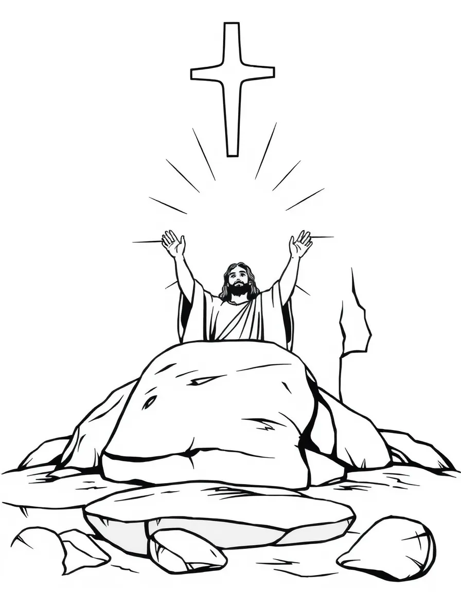 Jesus rising from the tomb, with the stone rolled away and light shining from inside.